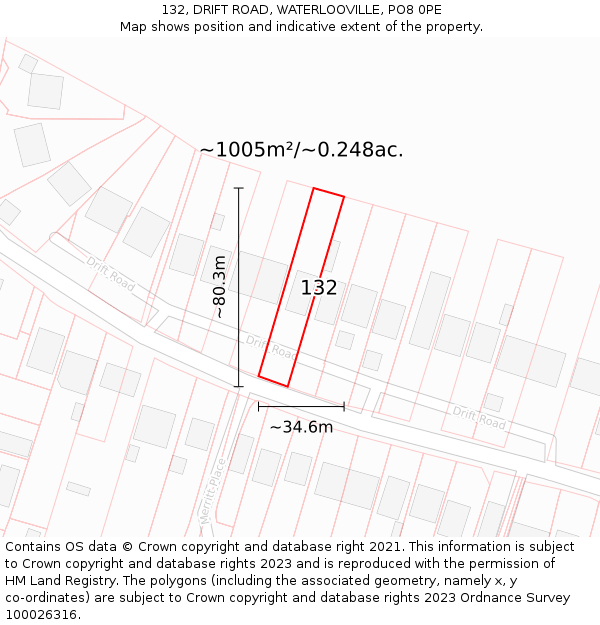 132, DRIFT ROAD, WATERLOOVILLE, PO8 0PE: Plot and title map