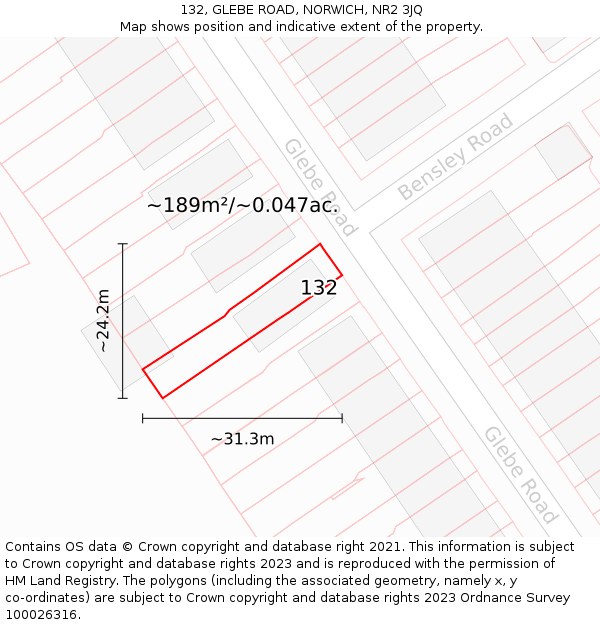 132, GLEBE ROAD, NORWICH, NR2 3JQ: Plot and title map