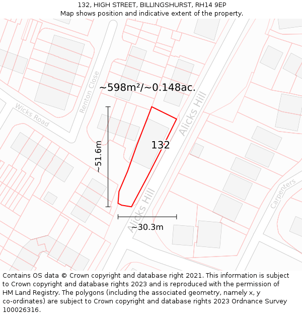 132, HIGH STREET, BILLINGSHURST, RH14 9EP: Plot and title map