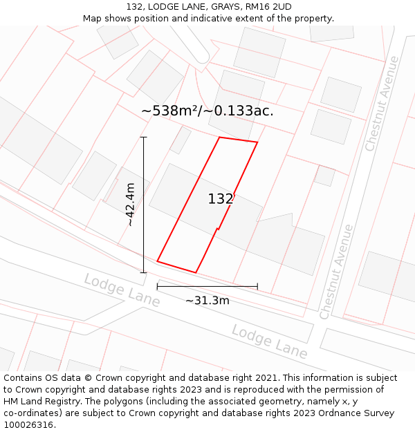 132, LODGE LANE, GRAYS, RM16 2UD: Plot and title map