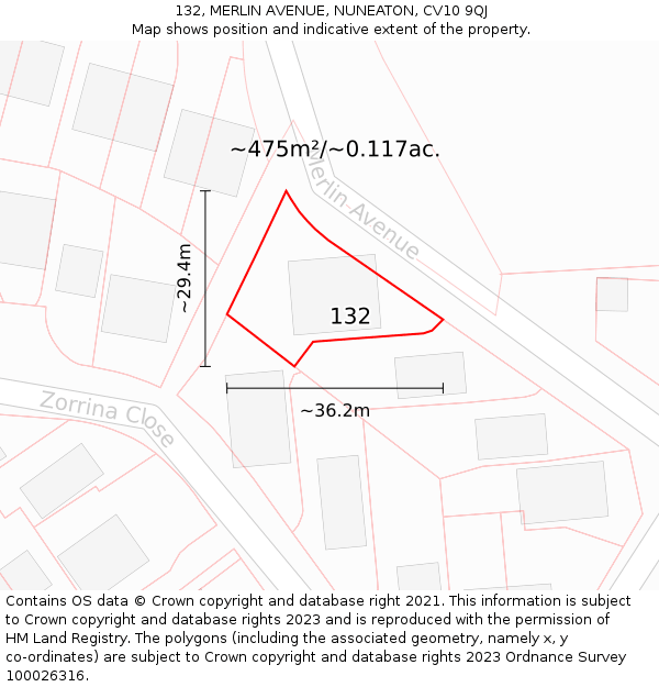 132, MERLIN AVENUE, NUNEATON, CV10 9QJ: Plot and title map