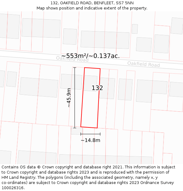 132, OAKFIELD ROAD, BENFLEET, SS7 5NN: Plot and title map