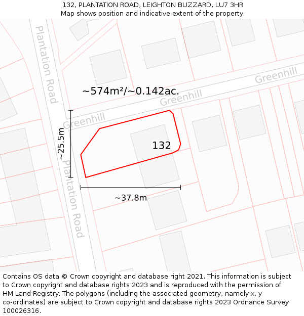 132, PLANTATION ROAD, LEIGHTON BUZZARD, LU7 3HR: Plot and title map