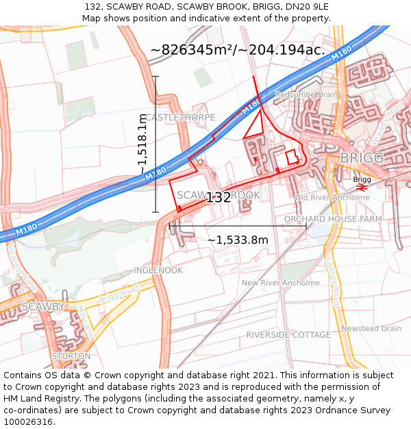 132, SCAWBY ROAD, SCAWBY BROOK, BRIGG, DN20 9LE: Plot and title map