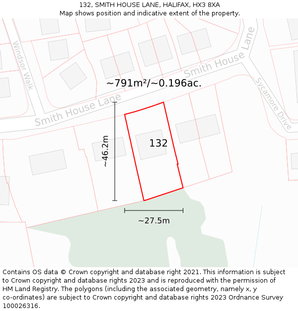 132, SMITH HOUSE LANE, HALIFAX, HX3 8XA: Plot and title map