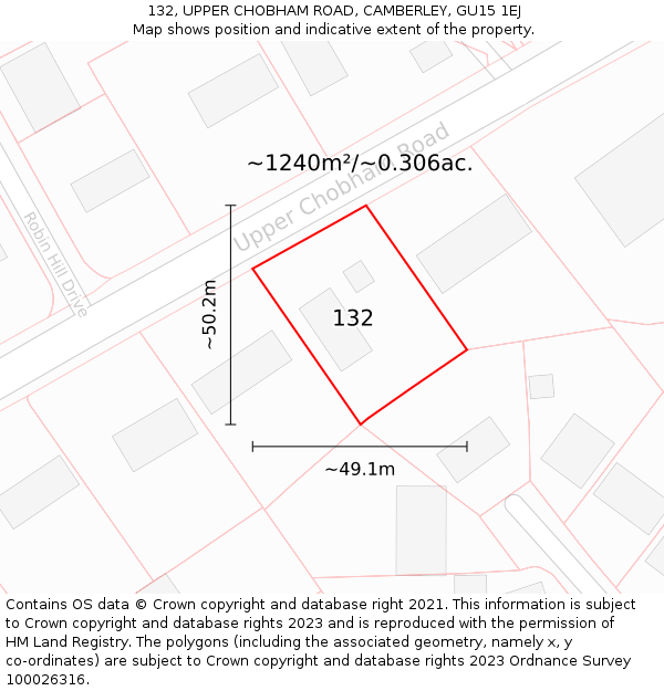 132, UPPER CHOBHAM ROAD, CAMBERLEY, GU15 1EJ: Plot and title map