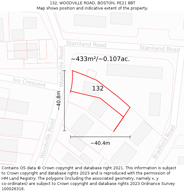 132, WOODVILLE ROAD, BOSTON, PE21 8BT: Plot and title map