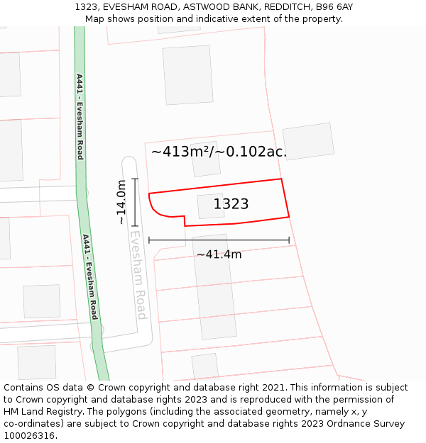1323, EVESHAM ROAD, ASTWOOD BANK, REDDITCH, B96 6AY: Plot and title map