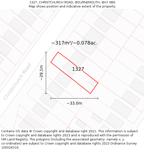 1327, CHRISTCHURCH ROAD, BOURNEMOUTH, BH7 6BS: Plot and title map