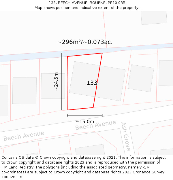 133, BEECH AVENUE, BOURNE, PE10 9RB: Plot and title map