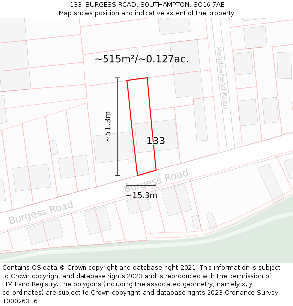 133, BURGESS ROAD, SOUTHAMPTON, SO16 7AE: Plot and title map