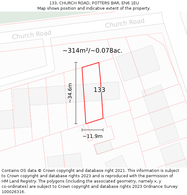 133, CHURCH ROAD, POTTERS BAR, EN6 1EU: Plot and title map