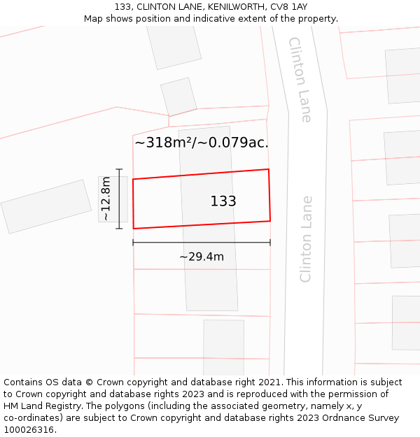 133, CLINTON LANE, KENILWORTH, CV8 1AY: Plot and title map