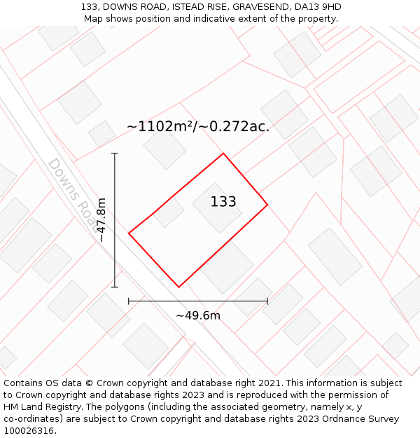 133, DOWNS ROAD, ISTEAD RISE, GRAVESEND, DA13 9HD: Plot and title map