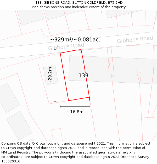 133, GIBBONS ROAD, SUTTON COLDFIELD, B75 5HD: Plot and title map