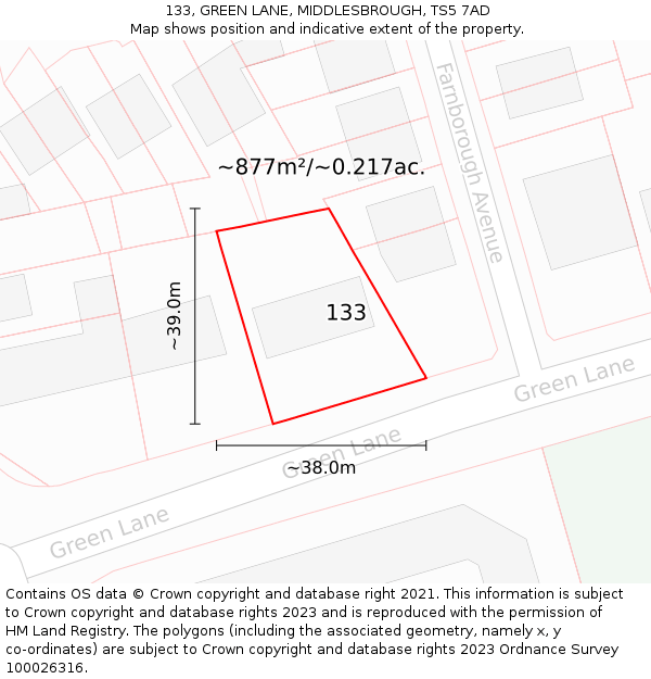 133, GREEN LANE, MIDDLESBROUGH, TS5 7AD: Plot and title map