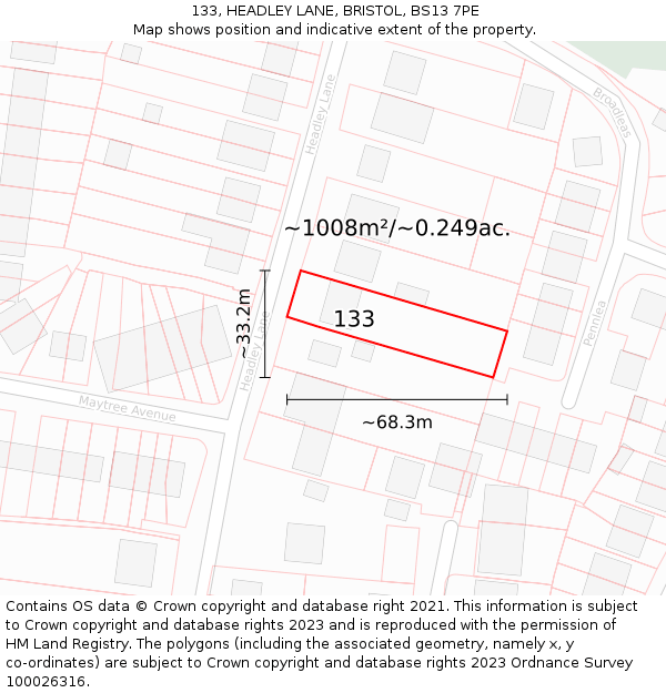 133, HEADLEY LANE, BRISTOL, BS13 7PE: Plot and title map