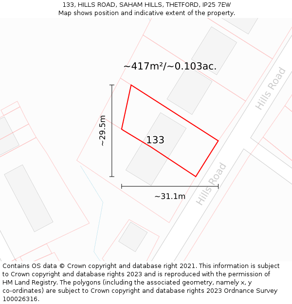 133, HILLS ROAD, SAHAM HILLS, THETFORD, IP25 7EW: Plot and title map