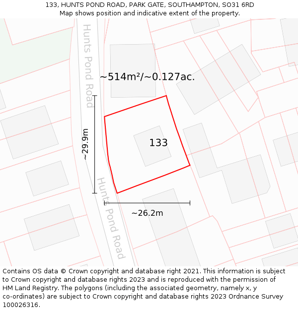 133, HUNTS POND ROAD, PARK GATE, SOUTHAMPTON, SO31 6RD: Plot and title map