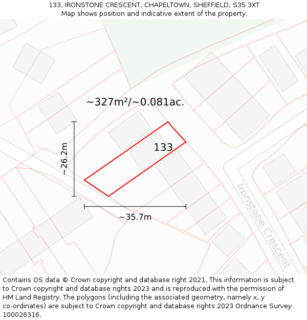 133, IRONSTONE CRESCENT, CHAPELTOWN, SHEFFIELD, S35 3XT: Plot and title map