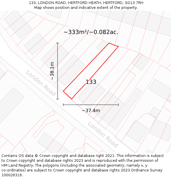 133, LONDON ROAD, HERTFORD HEATH, HERTFORD, SG13 7RH: Plot and title map