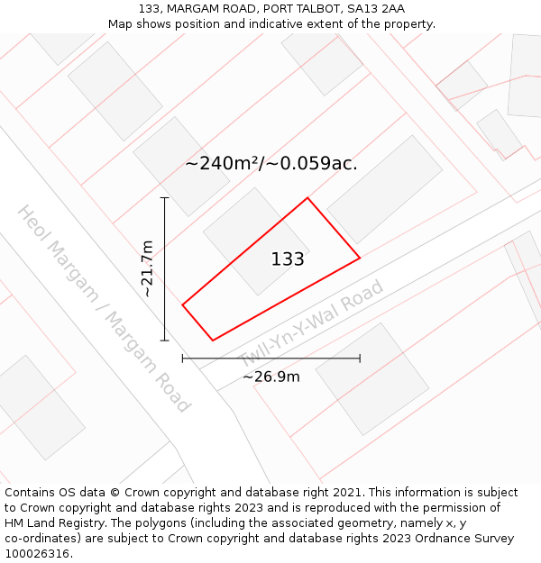 133, MARGAM ROAD, PORT TALBOT, SA13 2AA: Plot and title map