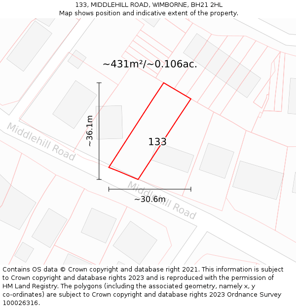 133, MIDDLEHILL ROAD, WIMBORNE, BH21 2HL: Plot and title map