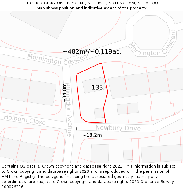 133, MORNINGTON CRESCENT, NUTHALL, NOTTINGHAM, NG16 1QQ: Plot and title map