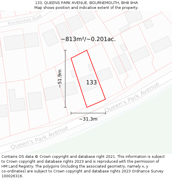 133, QUEENS PARK AVENUE, BOURNEMOUTH, BH8 9HA: Plot and title map