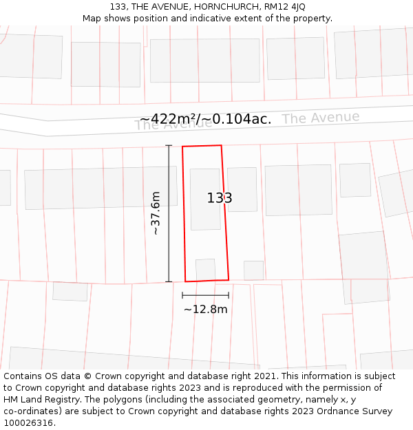 133, THE AVENUE, HORNCHURCH, RM12 4JQ: Plot and title map