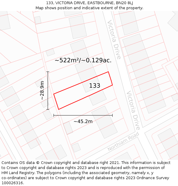 133, VICTORIA DRIVE, EASTBOURNE, BN20 8LJ: Plot and title map