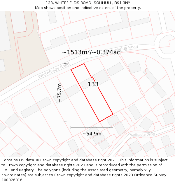 133, WHITEFIELDS ROAD, SOLIHULL, B91 3NY: Plot and title map