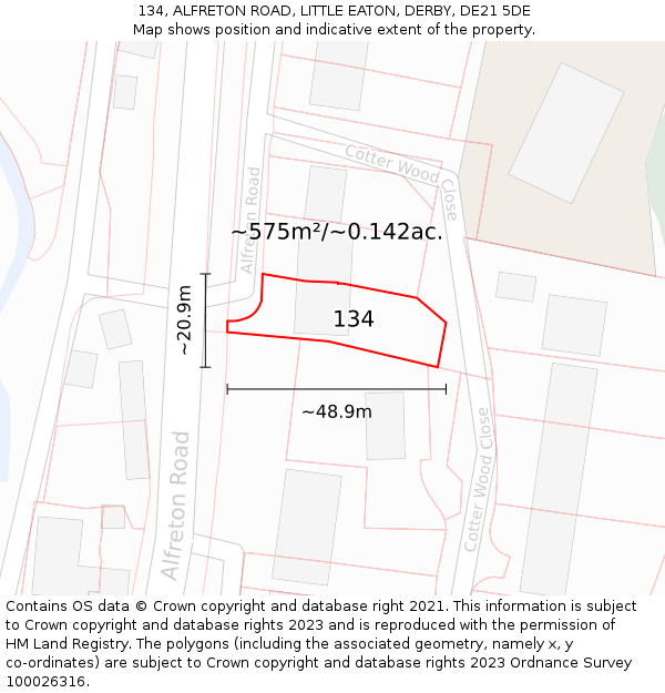 134, ALFRETON ROAD, LITTLE EATON, DERBY, DE21 5DE: Plot and title map