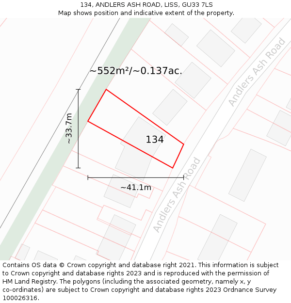 134, ANDLERS ASH ROAD, LISS, GU33 7LS: Plot and title map