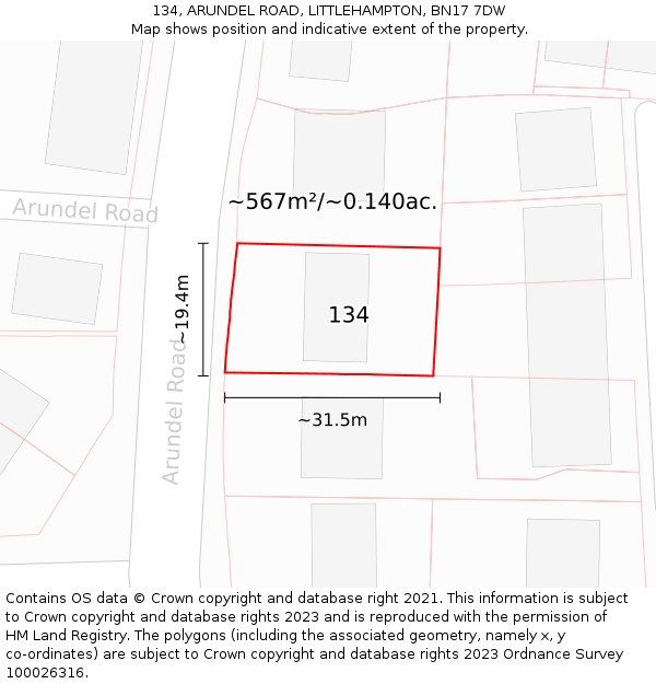 134, ARUNDEL ROAD, LITTLEHAMPTON, BN17 7DW: Plot and title map