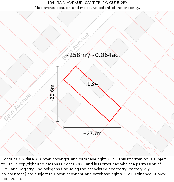 134, BAIN AVENUE, CAMBERLEY, GU15 2RY: Plot and title map