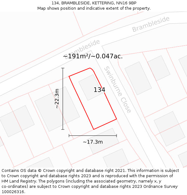 134, BRAMBLESIDE, KETTERING, NN16 9BP: Plot and title map