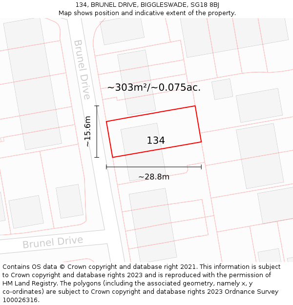 134, BRUNEL DRIVE, BIGGLESWADE, SG18 8BJ: Plot and title map