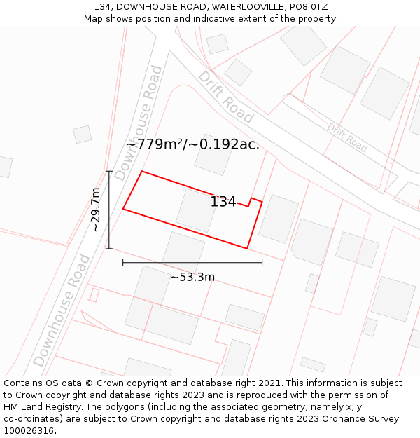 134, DOWNHOUSE ROAD, WATERLOOVILLE, PO8 0TZ: Plot and title map