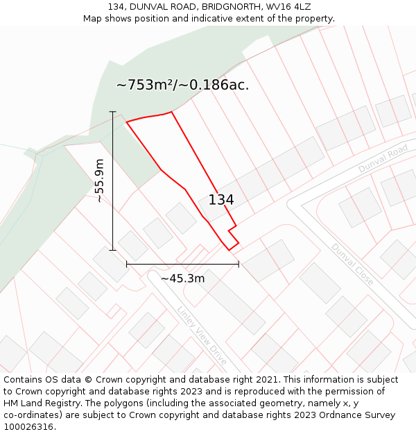 134, DUNVAL ROAD, BRIDGNORTH, WV16 4LZ: Plot and title map