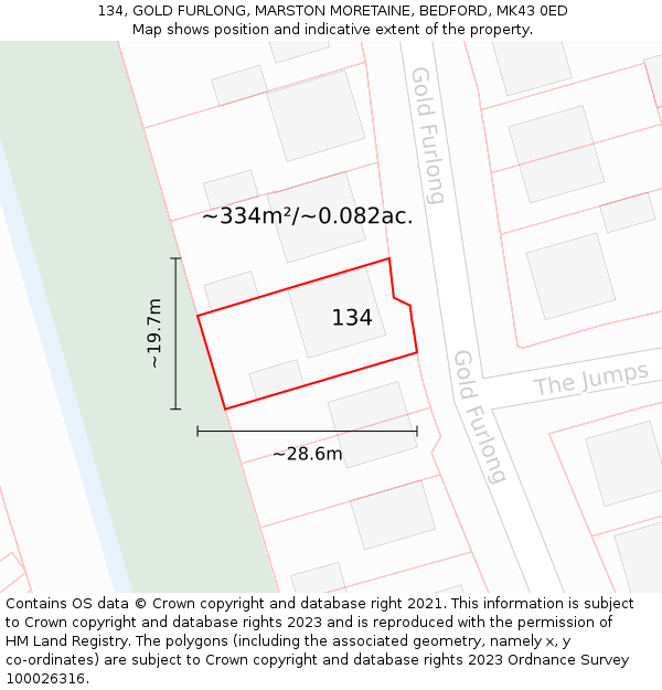 134, GOLD FURLONG, MARSTON MORETAINE, BEDFORD, MK43 0ED: Plot and title map