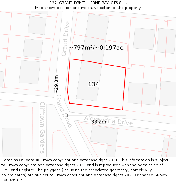 134, GRAND DRIVE, HERNE BAY, CT6 8HU: Plot and title map