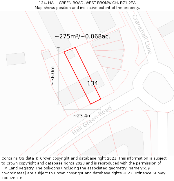 134, HALL GREEN ROAD, WEST BROMWICH, B71 2EA: Plot and title map
