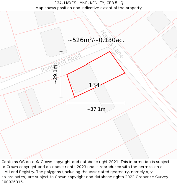 134, HAYES LANE, KENLEY, CR8 5HQ: Plot and title map