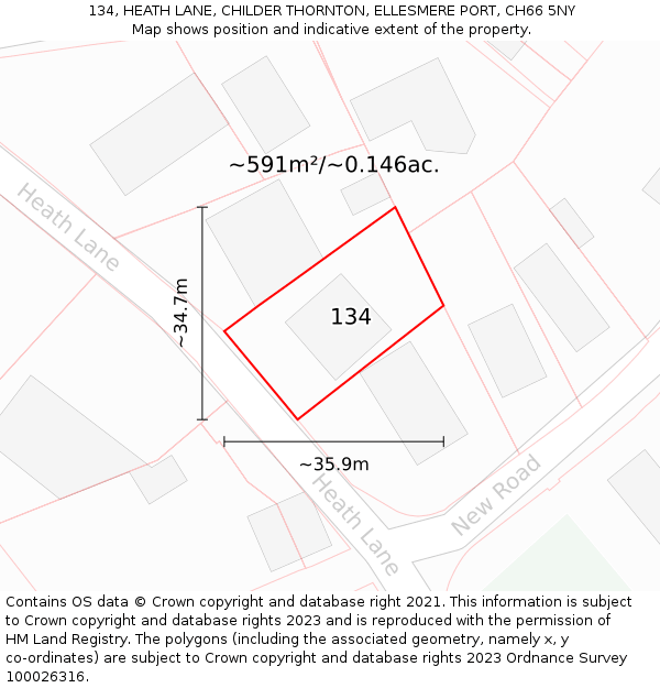 134, HEATH LANE, CHILDER THORNTON, ELLESMERE PORT, CH66 5NY: Plot and title map