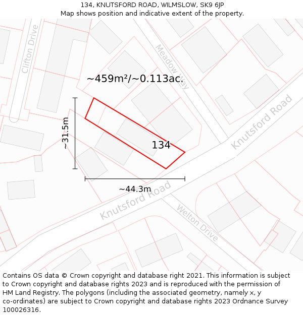 134, KNUTSFORD ROAD, WILMSLOW, SK9 6JP: Plot and title map