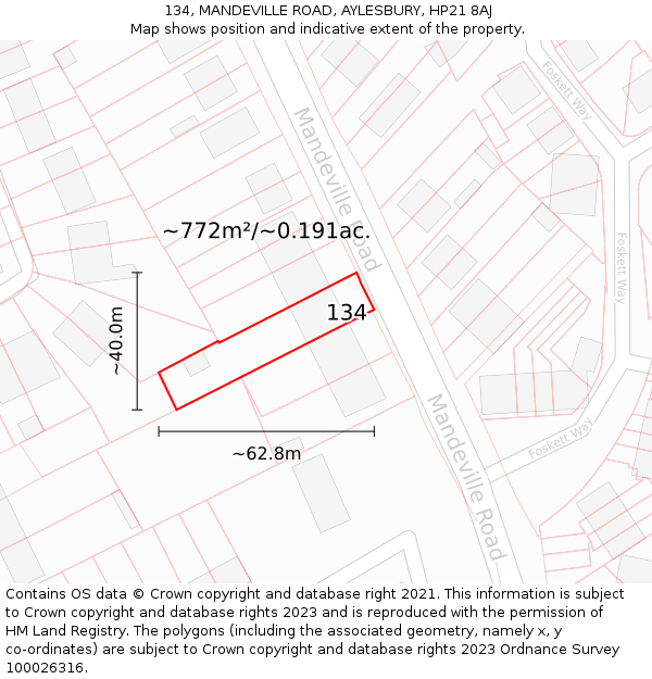 134, MANDEVILLE ROAD, AYLESBURY, HP21 8AJ: Plot and title map