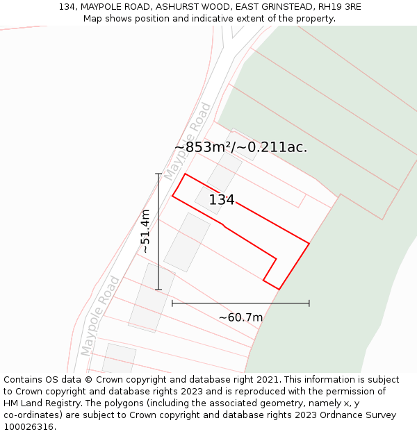 134, MAYPOLE ROAD, ASHURST WOOD, EAST GRINSTEAD, RH19 3RE: Plot and title map