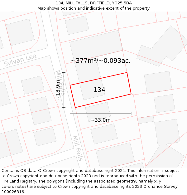 134, MILL FALLS, DRIFFIELD, YO25 5BA: Plot and title map