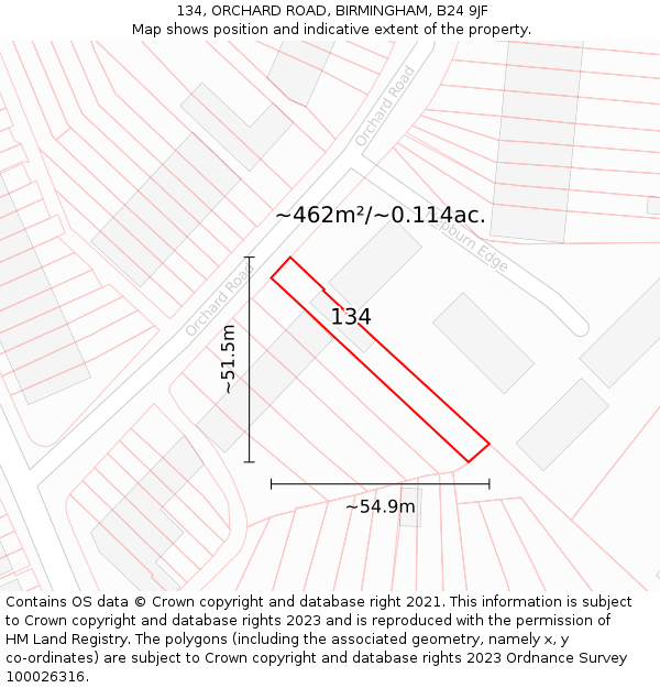 134, ORCHARD ROAD, BIRMINGHAM, B24 9JF: Plot and title map